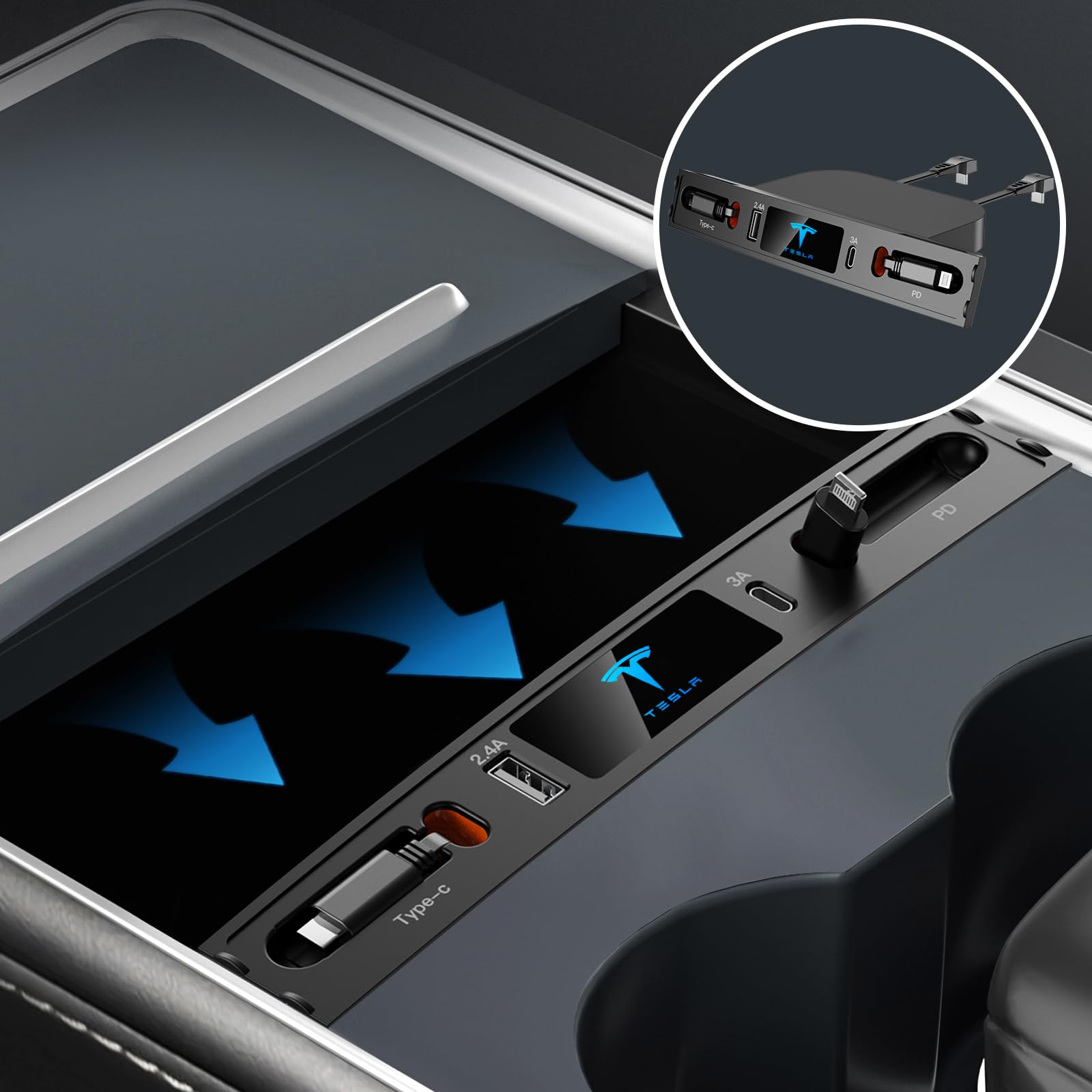 Car Usb Charger Multi Port For 2021 2022 2023 2024 Tesla Model 3/Y,Multifunctional Tesla Accessories With Logo And Retractable C