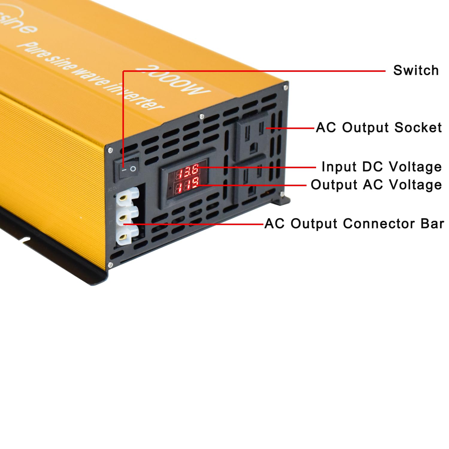 Aeliussine 2000W Pure Sine Wave Inverter-12V Dc To 110V 120V Ac Power Converter With 2 Ac Outlets, 12 Volt Power Inverter For Tr