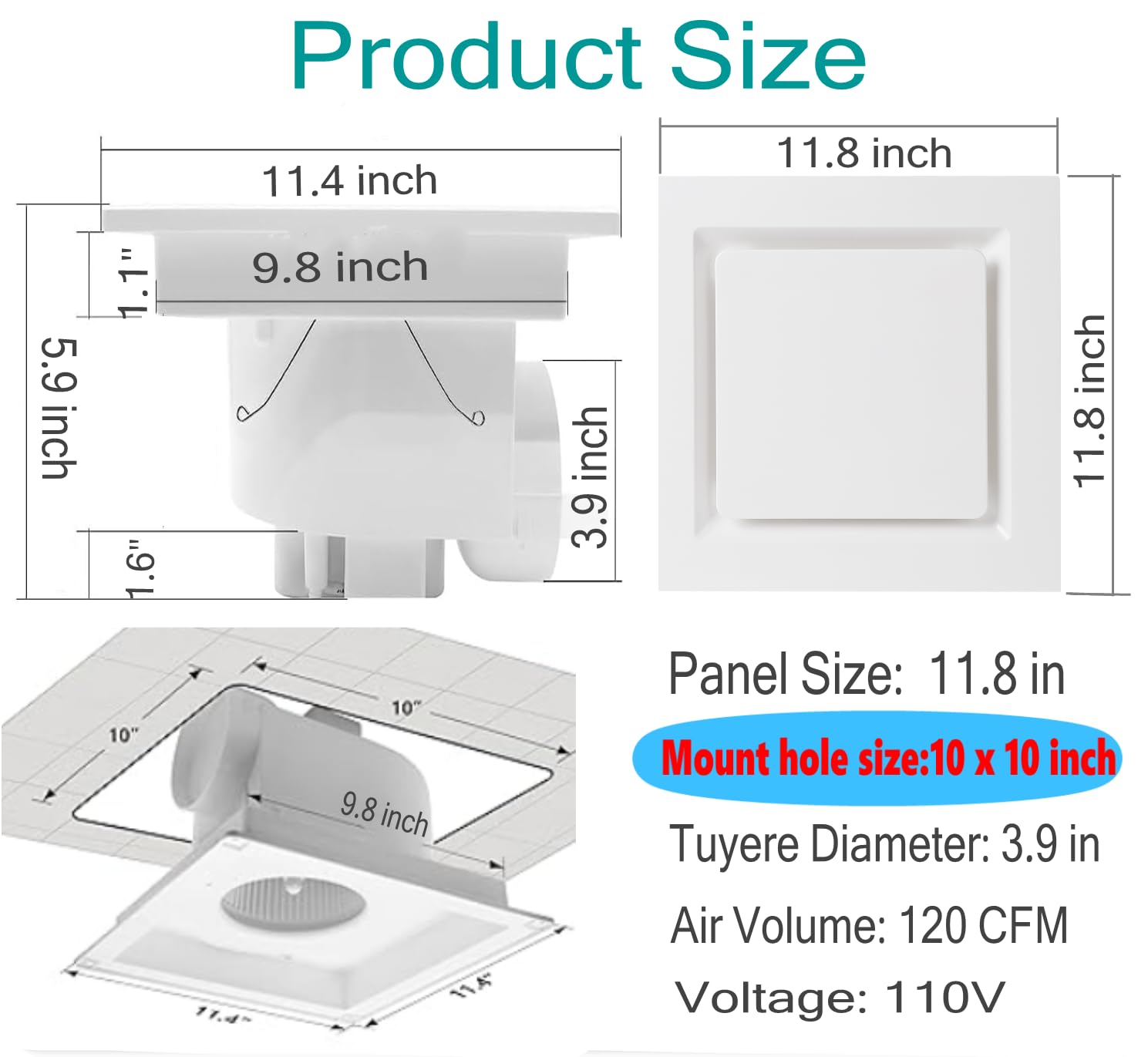 Nalle Ventilation Fan Ceiling Bathroom Exhaust Fan Extractor Fan (No Attic Access Required) (120 Cfm 1.2 Sones) (Style B)