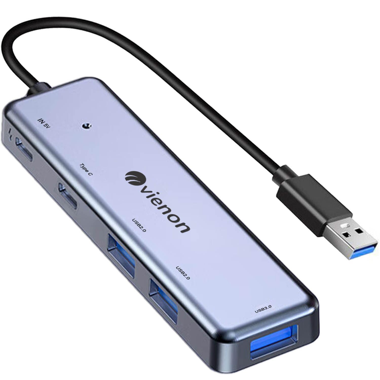 USB 3.0 Hub 5 in 1, USB Splitter with USB-C Power Port, USB-C Data Port, USB Port Hub USB Extender for MacBook, Laptop, Surface