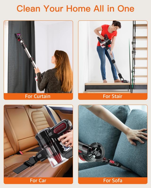 Ziraukon Cordless Vacuum Cleaner, 25Kpa 210W Brushless Motor Stick Vacuum With 45 Mins Long Runtime Detachable Battery, 4 In 1 L
