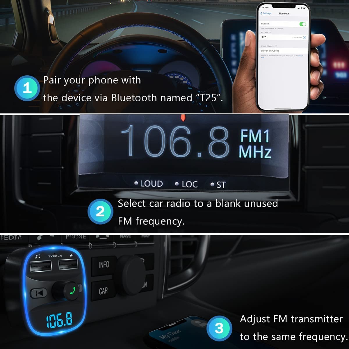 Lencent Fm Transmitter, 2022 Upgraded Bluetooth Fm Transmitter Wireless Radio Adapter Car Kit With Dual Usb Charging Car Charger