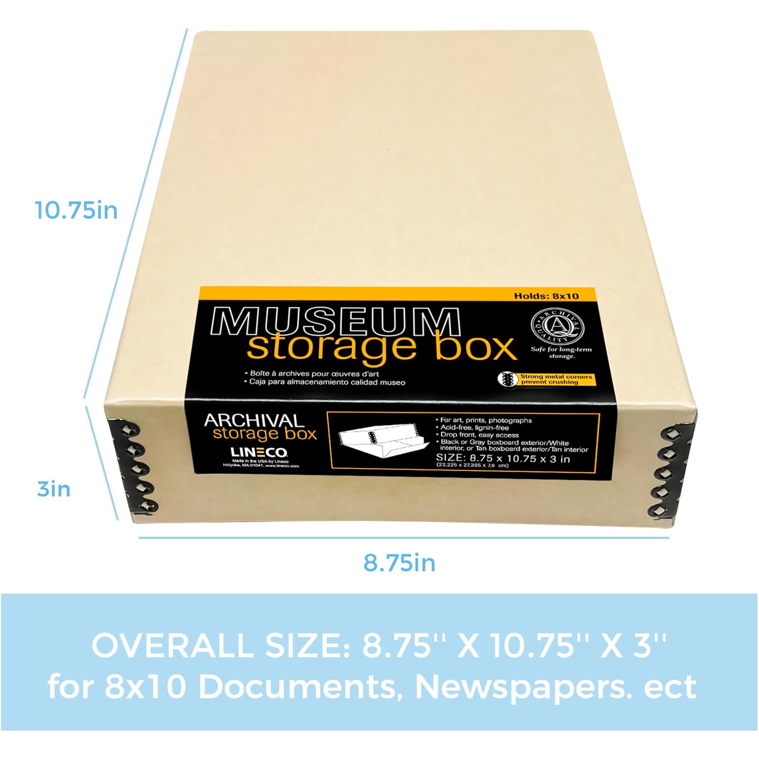 Lineco, 8X10 Tan Museum Archival Storage Box, Drop Front Design. Acid-Free With Metal Edge. Preserves Pic Longevity, Organize Ph