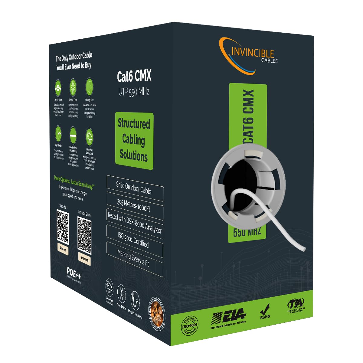 Cat6 Outdoor CMX 1000ft Cable | 100% Solid Copper, 550 MHz, 23AWG, 4 Pair, UTP | DSX-8000 Analyzer Tested Up to 100m | PoE, PoE+