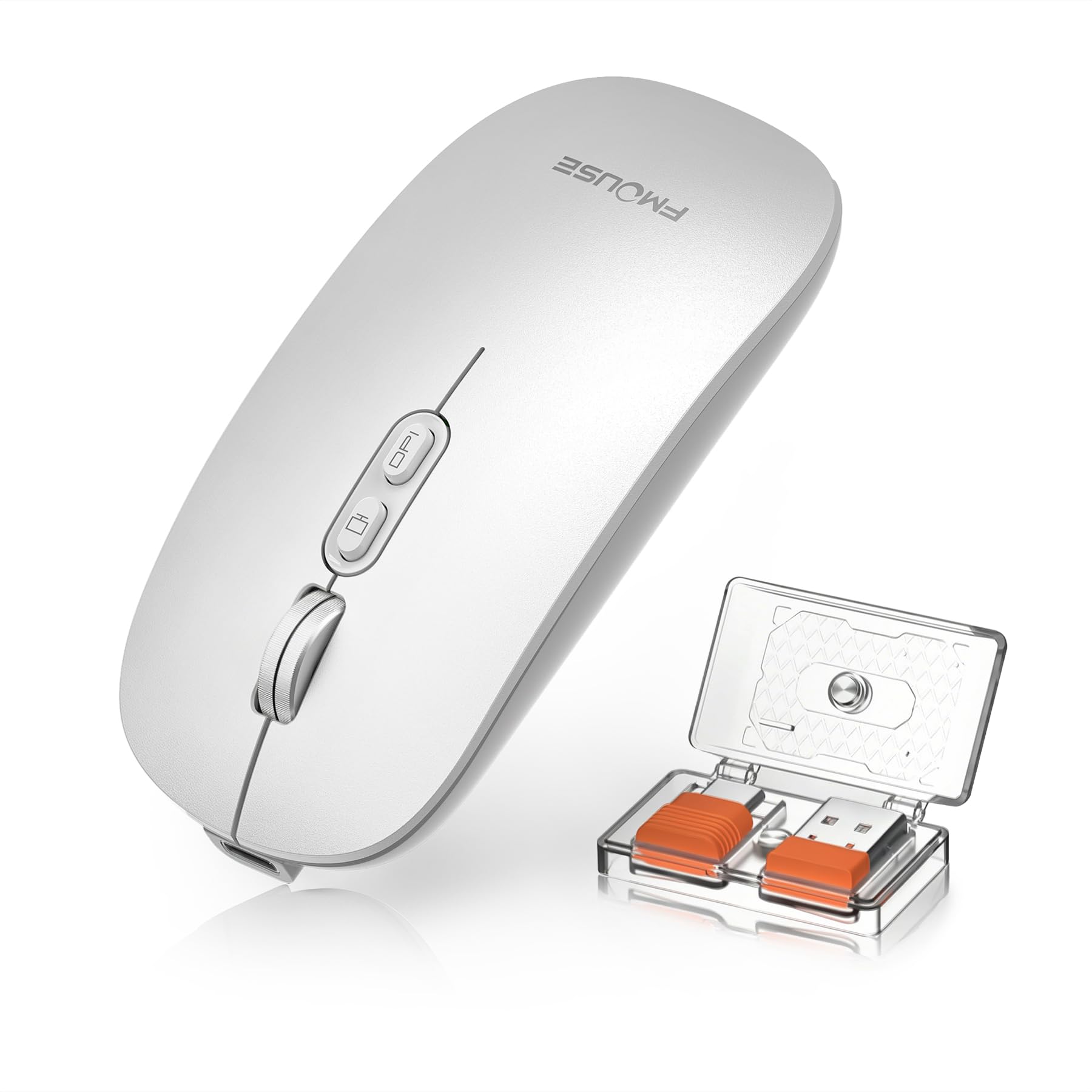 FMOUSE Slim Wireless Mouse, TriMode 2.4G/Bluetooth, Rechargeable  Silver