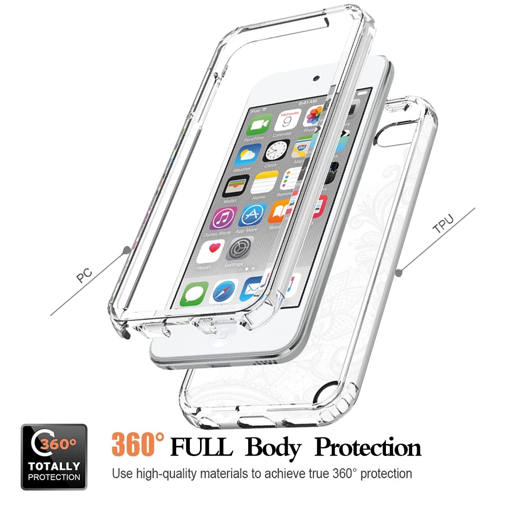 Yodueiv For Ipod Touch 6/Touch 5/Touch 7 Case With Tempered Glass Screen Protector, Full Body Shockproof Cute Clear Mandala Patt