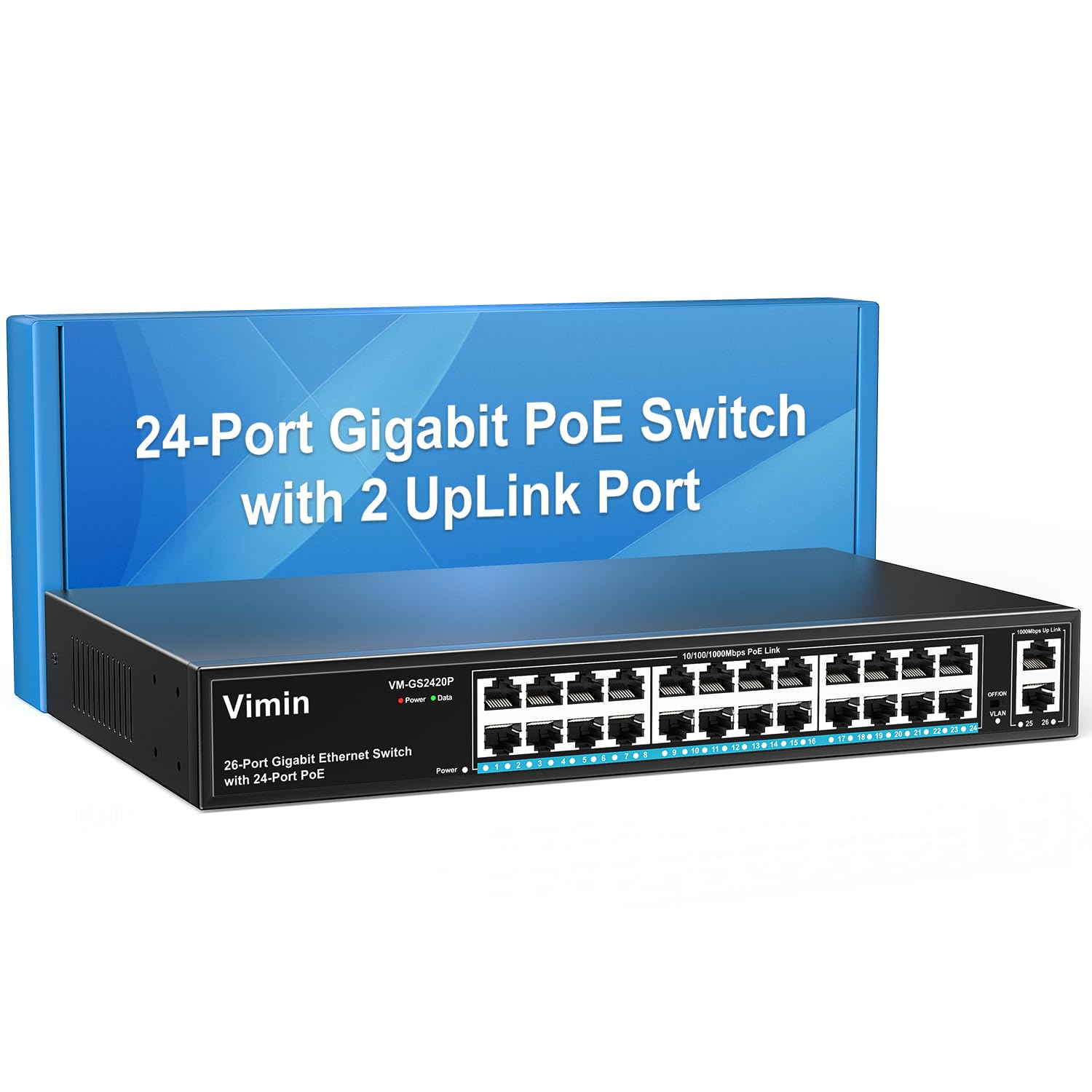 24 Port Gigabit Poe Switch With 2 Uplink Gigabit Ports, Vimin 26 Port Unmanaged Poe Ethernet Switch With 320W Power, Support Iee