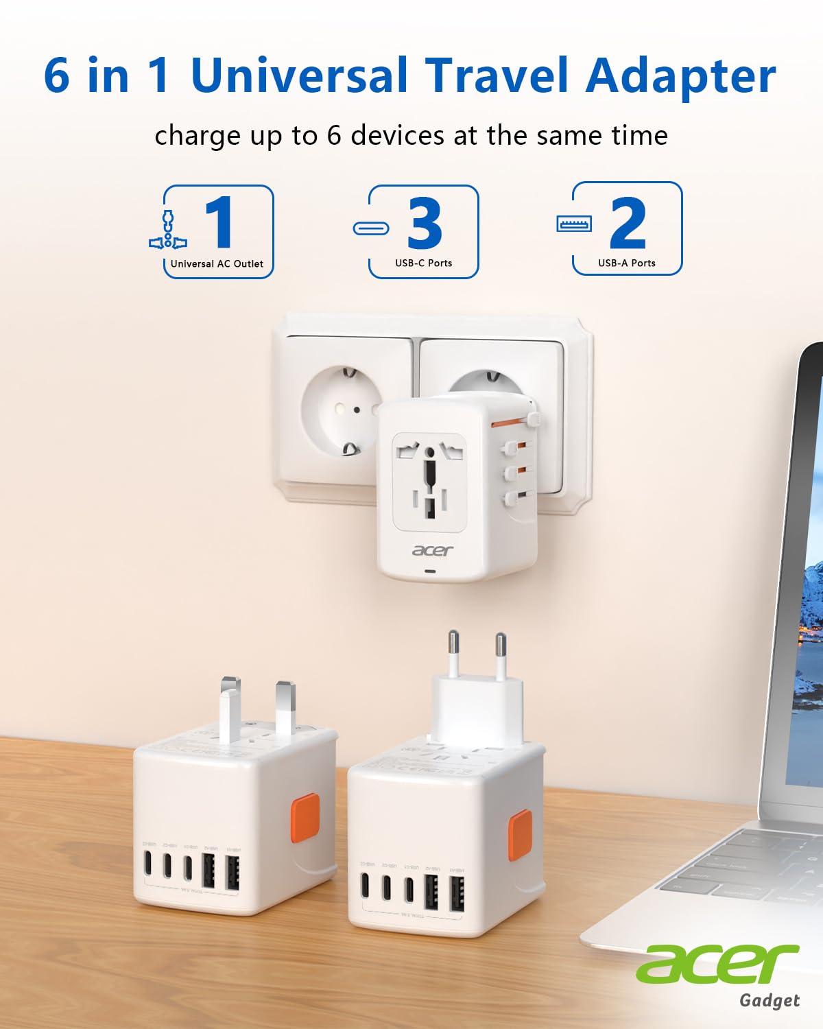 Acer Universal Travel Plug Adapter   International Power Adapter With 5 Usb Ports (3 Usb C) 5.8A, Worldwide Outlet Charger For U