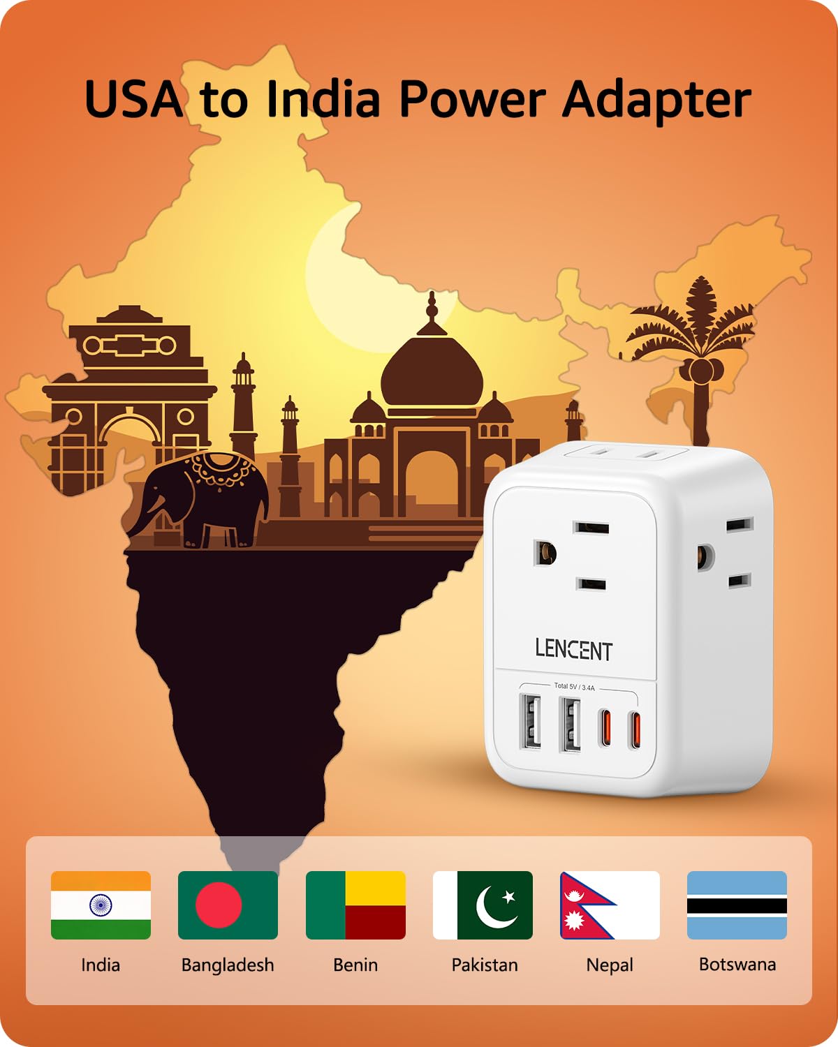 Lencent Foldable India Travel Plug Adapter, Us To India Power Plug Adapter With 4 Outlets, 4 Usb Charger(2 Usb C), Type D Adapto