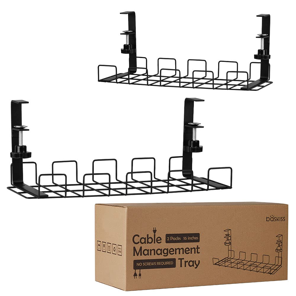 Baskiss Under Desk Cable Management Trays 2 Pack, 16'' Clamp Mounted Cord Organizer Holder For Desks, Offices And Kitchens Wire