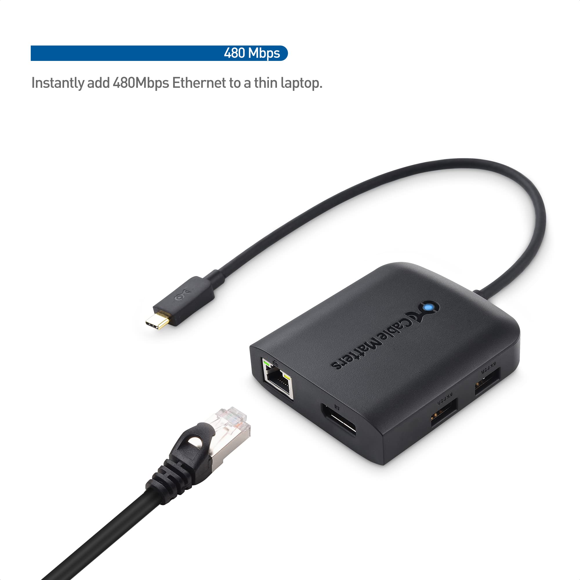 Cable Matters USB C Hub DisplayPort 100W, 4K@240Hz, 2x USB, Ethernet, Black - Thunderbolt 4/3 Compatible for MacBook Pro