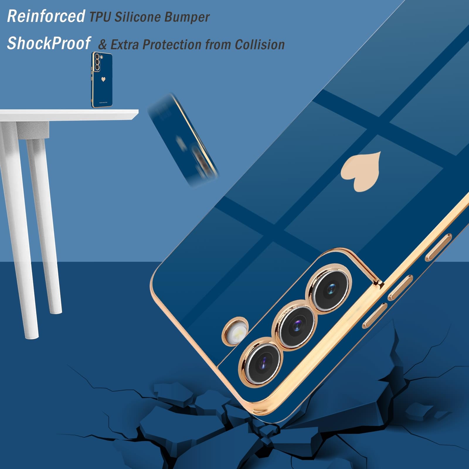 Teageo For Samsung Galaxy S22 5G Case For Women Girl Cute Love Heart Luxury Bling Soft Back Cover Raised Full Camera Protection