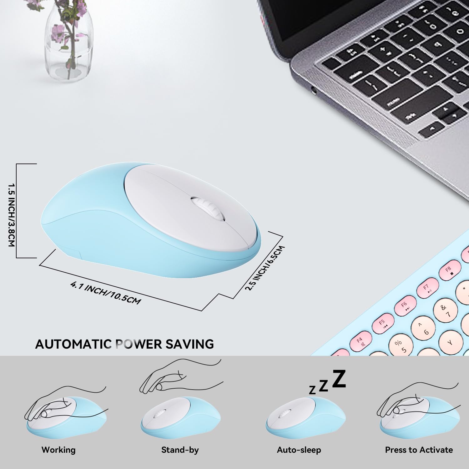 Tkvpjyyi Wireless Keyboard And Mouse Combo, 2.4Ghz Usb Cordless Round Keys Set For Laptop, Computer, Tv (Pink+Blue)