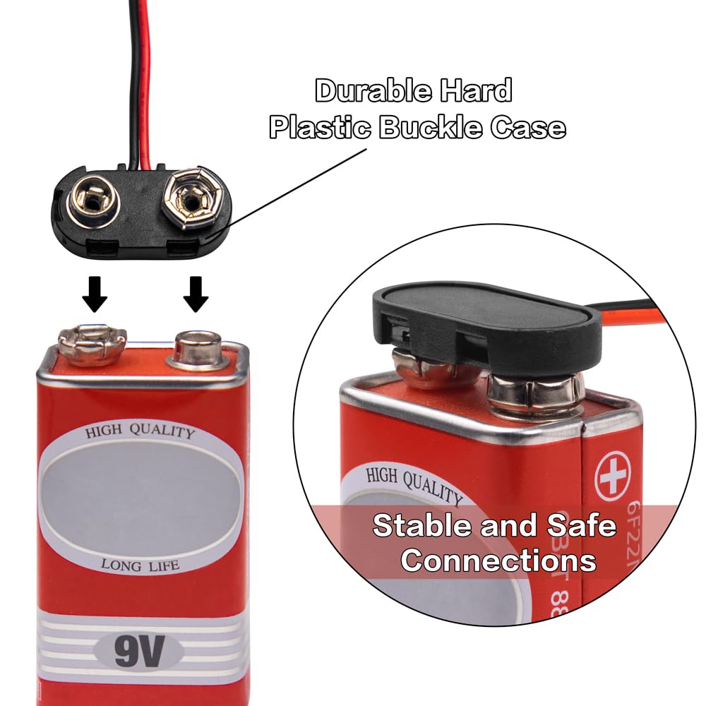 OIUIOME T-Type 9V Battery Clip Connector, Hard Plastic Case, 12 Pack, 15cm Wire Leads