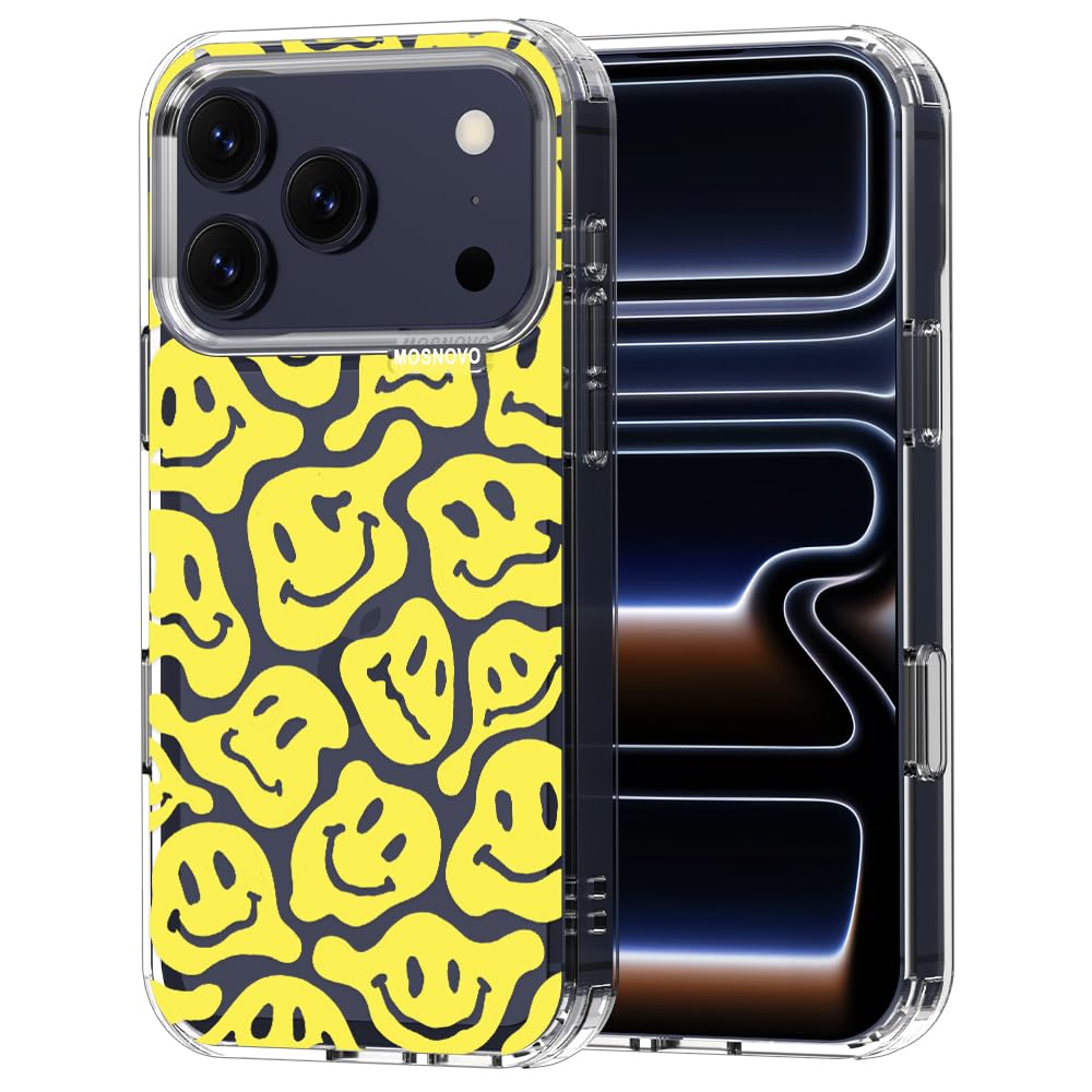 MOSNOVO for iPhone 17 Pro Case | Military Grade 6.6ft Drop Tested | Camera Control | Clear with Melted Yellow Smiles Face Design