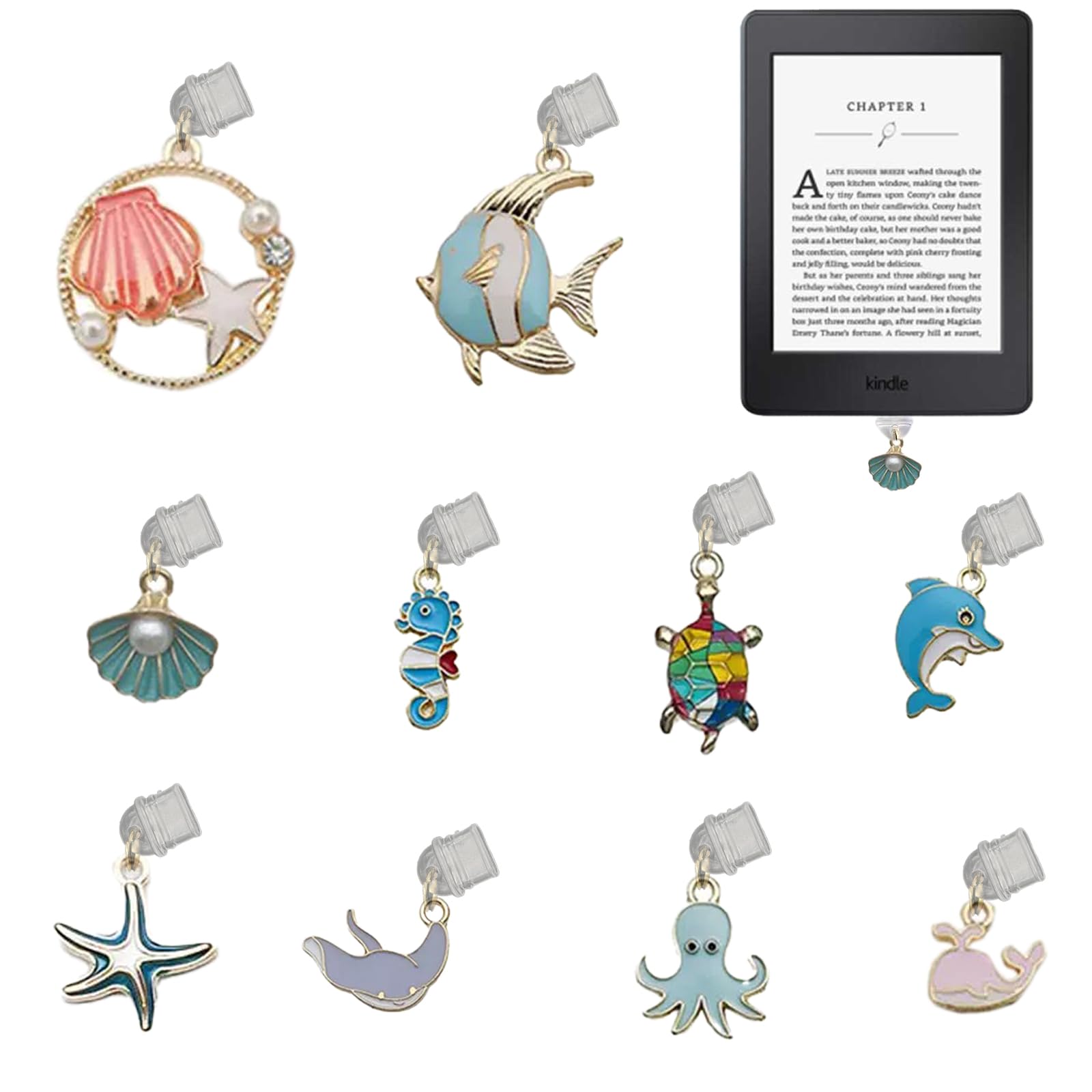 Bolkine 10 Pcs Dust Plug Charm Type C for Kindle, Ocean Style Accessories Compatible with E-Reader and Phone Type C/USB C Chargi