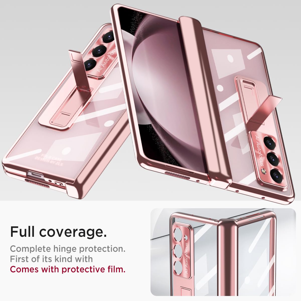 Miimall Samsung Z Fold 5 Case, Clear, With S Pen, Hinge Protection, Tempered Glass Screen Protector, Holder, Kickstand (Rose Gol