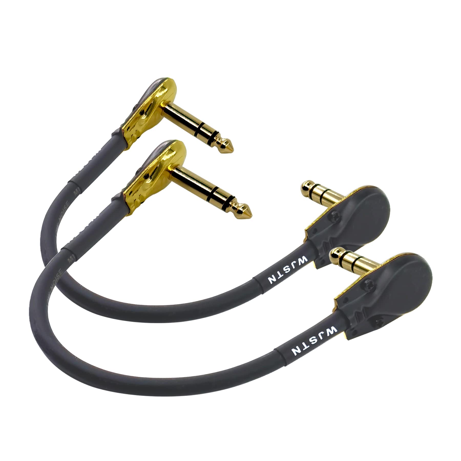 WJSTN 1/4 inch Right Angle TRS Stereo Dual Channel Guitar Flat Patch Cable Low Profile Pancake Design 2 Pack (4 inches)