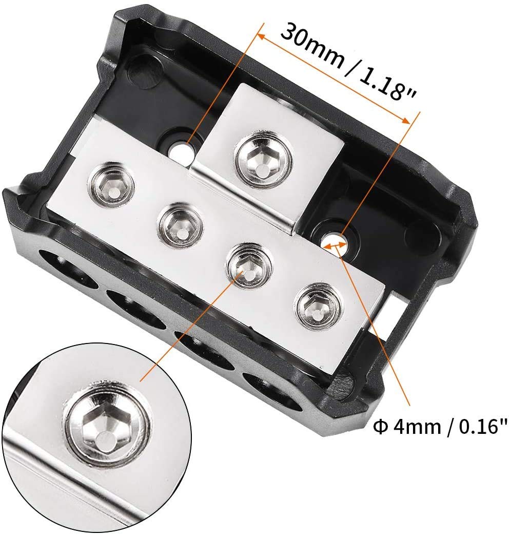 Vonsom 4 Way Power Distribution Block, 1X 0/2/4 Awg Gauge In / 4X 4/8/10 Gauge Out Amp Power Distribution Ground Distributor Connecting Block For Car Amplifier Audio Splitter 2 Pack