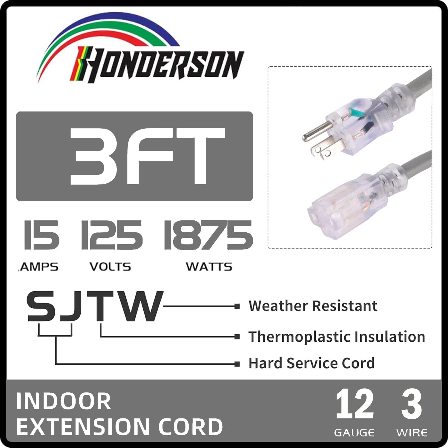 Honderson Indoor Outdoor Extension Cord Weatherproof With Lighted End, Ul Listed, 12 Gauge 3Ft Grey 3 Prong Heavy Duty Extension