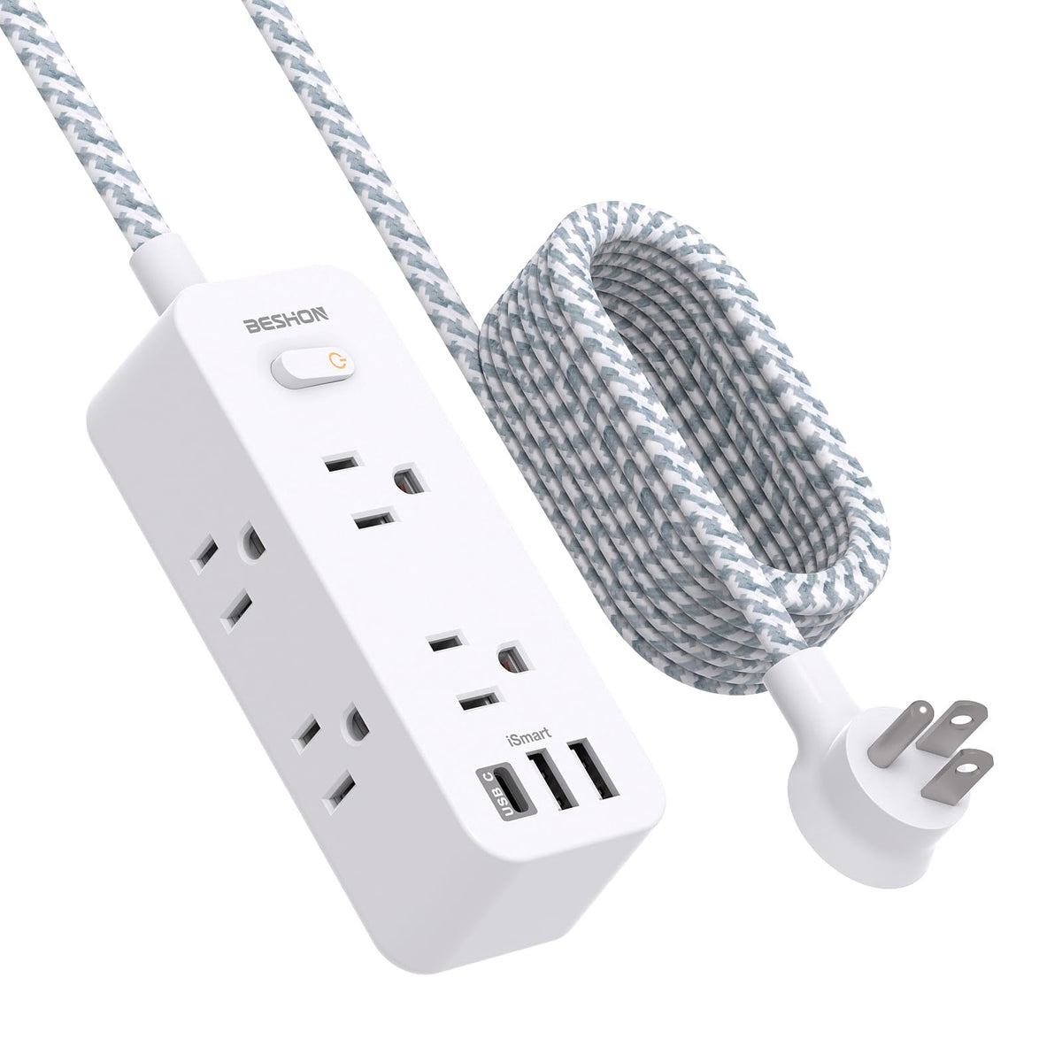 15Ft Extension Cord, Power Strip Surge Protector, 6 Outlets With 3 Usb Ports(1 Usb C Outlet), 3 Side Outlet Extender, Wall Mount