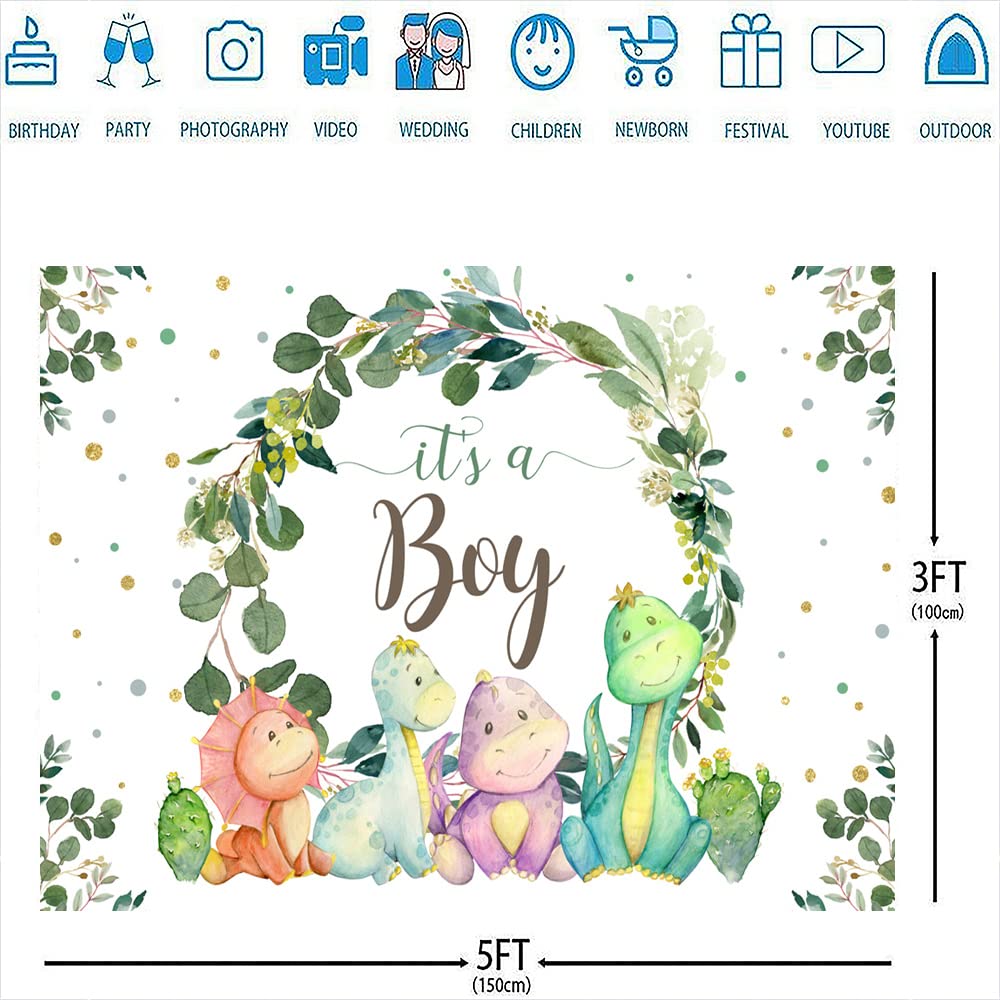 5X3Ft It'S A Boy Backdrop Baby Shower Cartoon Dinosaur Cactus And Eucalyptus Leaves Photography Background Kids Party Supplies C