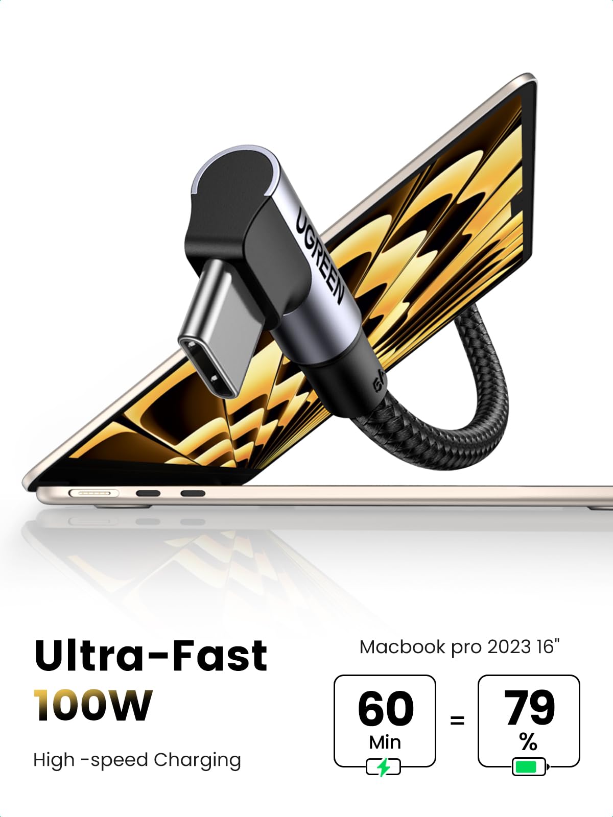 Ugreen Right Angle Usb C To Usb C Cable, 100W Type C 90 Degree Fast Charging Cable Compatible With Iphone 17/17 Plus/17 Pro/16,