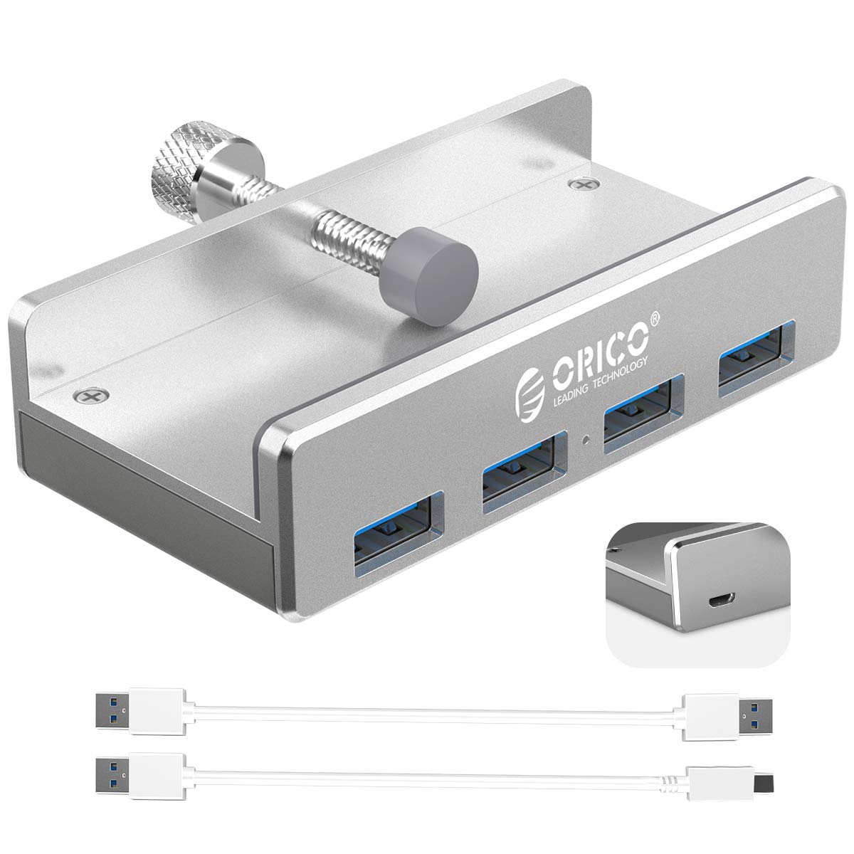 ORICO USB 3.0 Hub, USB Hub Clamp, Aluminum 4 Port USB Splitter with Extra Power Supply Port and 4.92 FT USB A to USB A and USB A to USB C Cable, Desktop Powered USB Hub for Monitors/Desks Silver