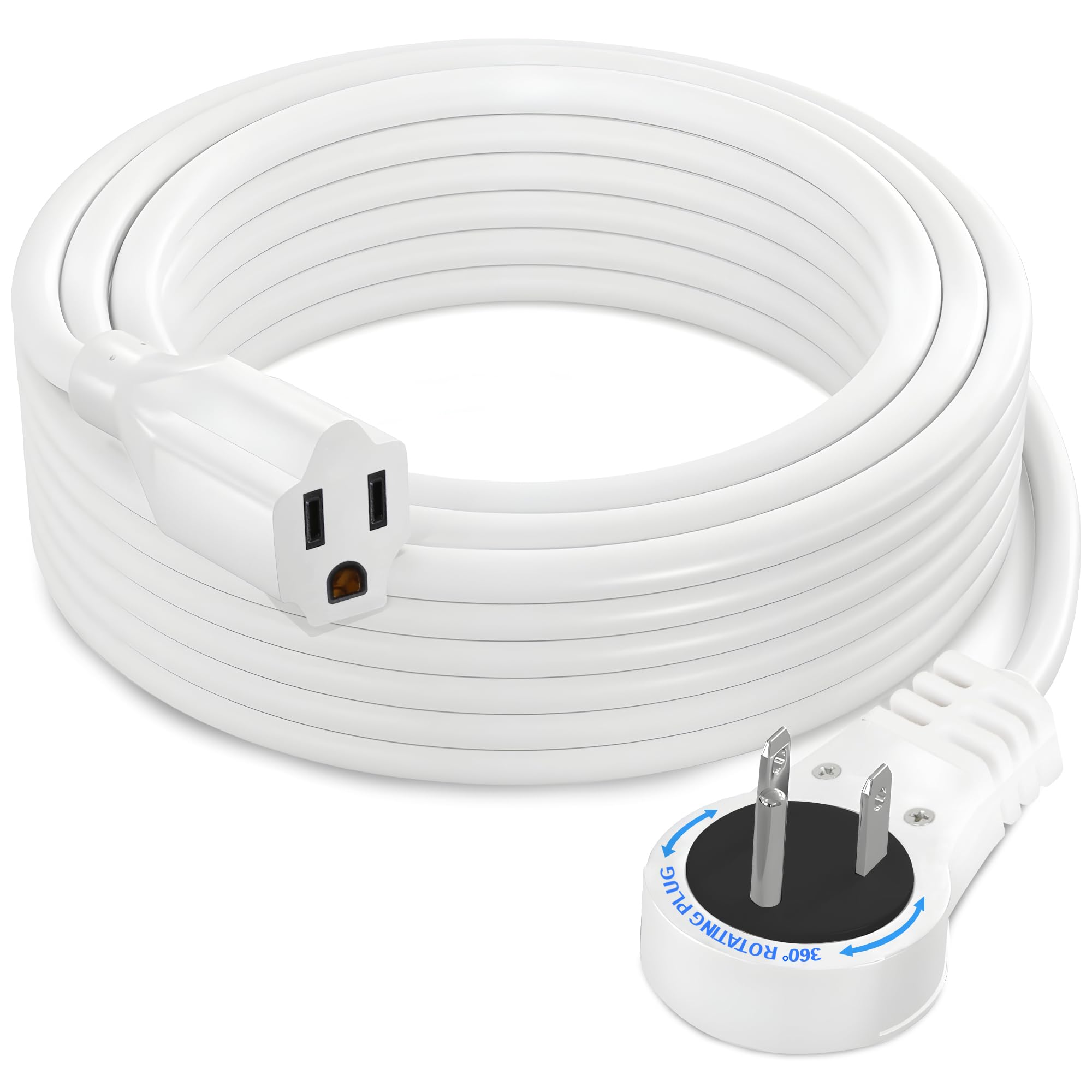 Electery 360 Rotating Flat Plug Extension Cord 15 Ft 16 Awg White Extension Wire, Power Cord For Indoor And Office Use, Slim Plu