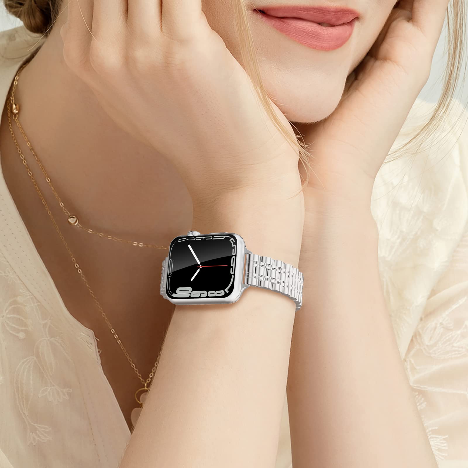 Aicumuza Slim Watch Bands Compatible With Apple Watch 42Mm 44Mm 45Mm 49Mm, Thin Stainless Steel Chain Link For Women Iwatch Seri