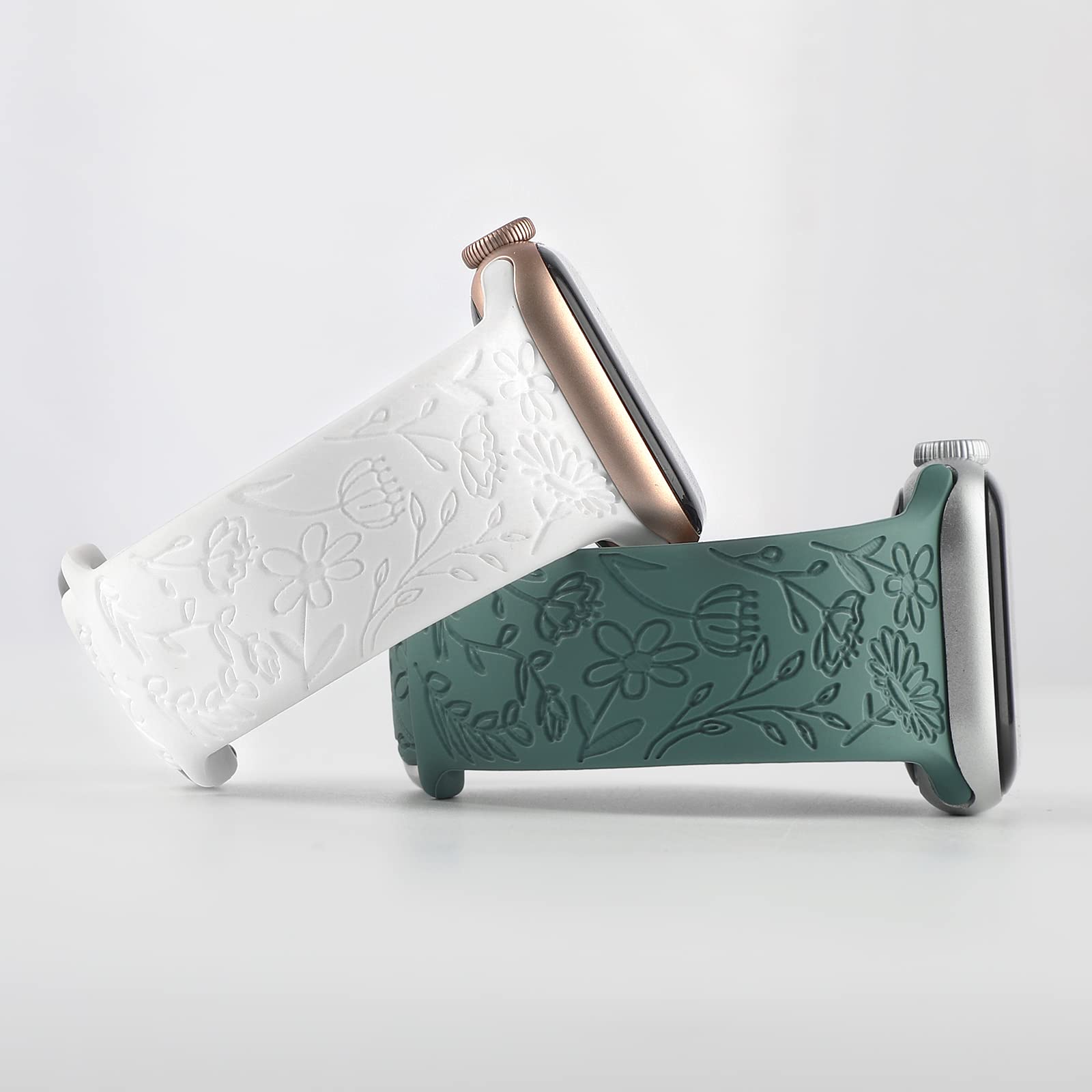 2 Pack Flower Engraved Sport Strap Compatible With Apple Watch Bands 38Mm 40Mm 41Mm, Women Floral Laser Soft Silicone Wristband