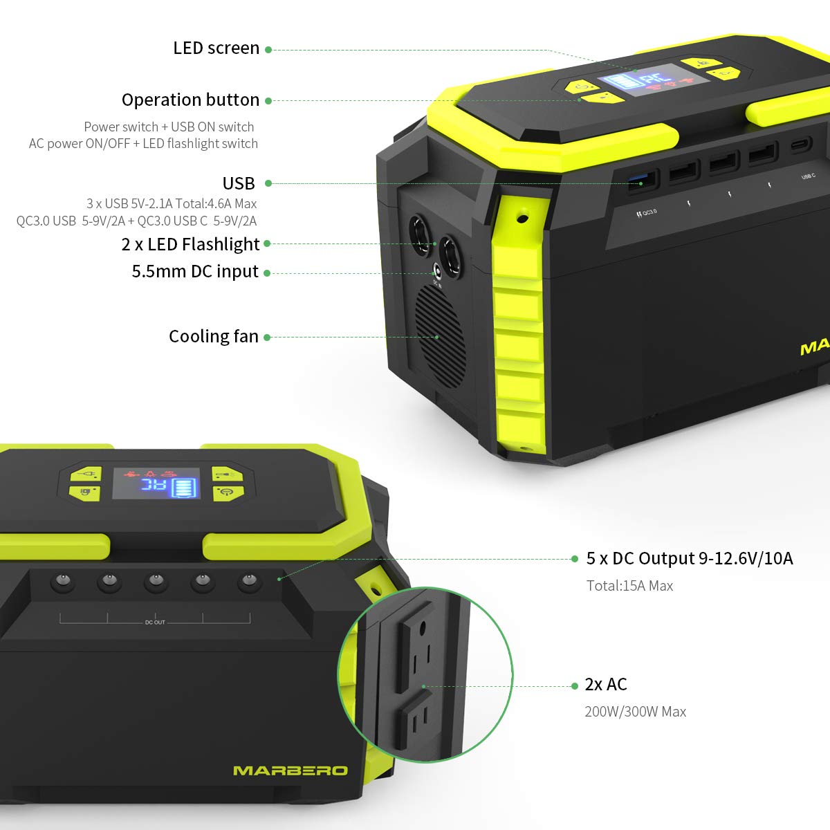 Marbero 222Wh Portable Power Station 200W Solar Generator 60000Mah Power Bank With Ac Outlet 110V 200W Dc Usb Led Flashlights Li