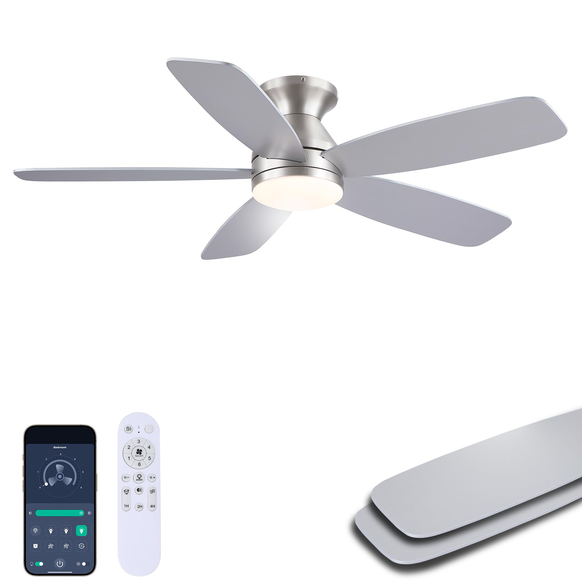 JSAITEE Flush Mount Low Profile Ceiling Fan, 48in Modern Ceiling Fan with Remote, 1/2/4 Timer, 5 Blades Reversible, 3CCT LED Dim