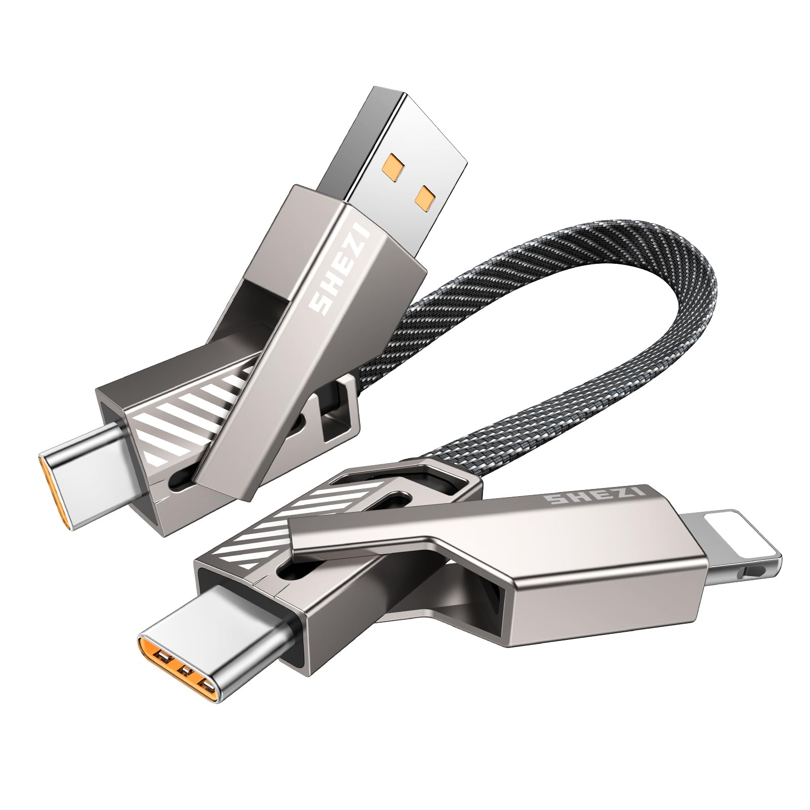 Shezi 4 In 1 Short Usb C Cable 60W 0.6Ft Lightning Cable, Fast Charging [480Mbps Data Sync] Flat Nylon Braided Multi Charger Cor