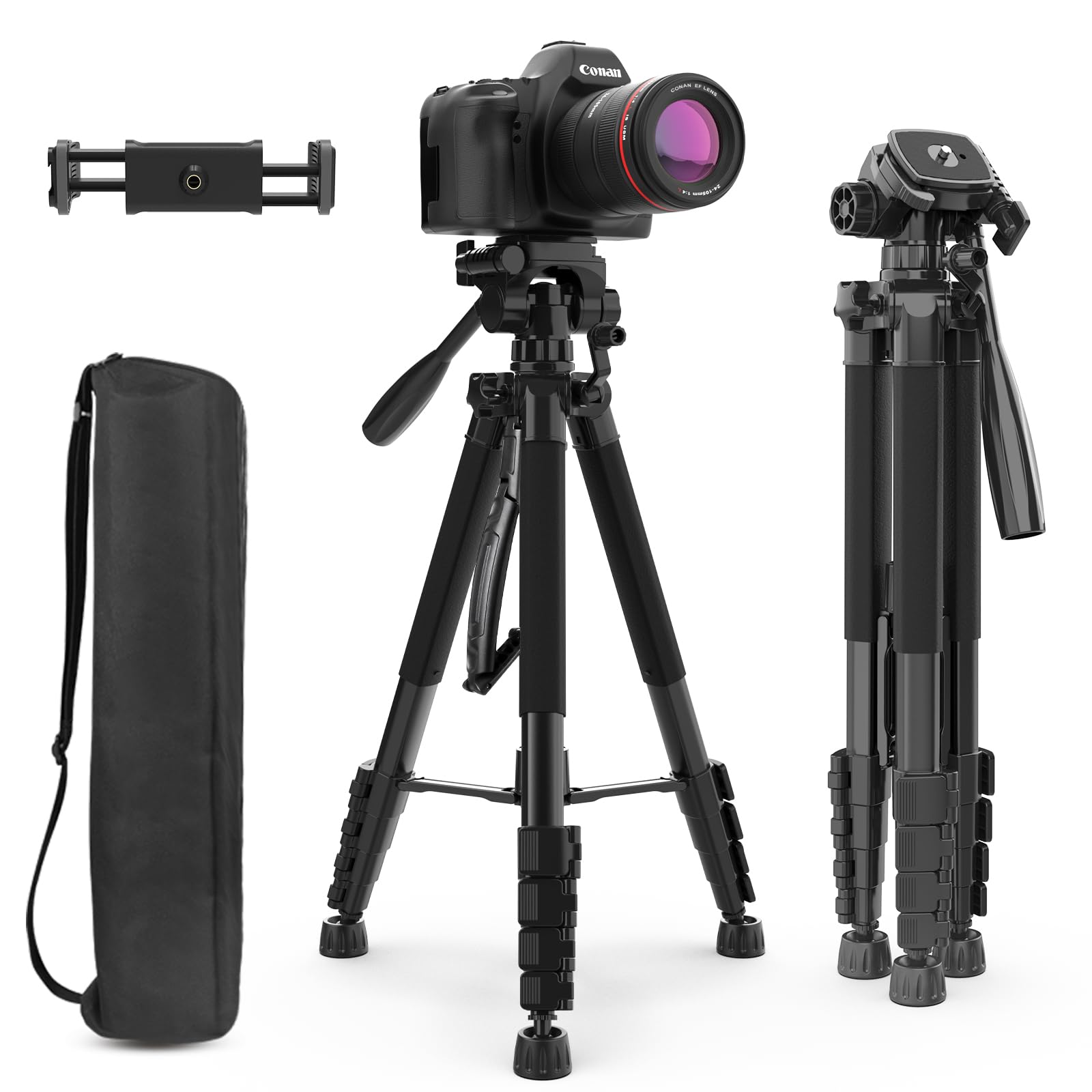 Aureday 74�� Camera Tripod With Travel Bag,Cell Phone Tripod With Wireless Remote And Phone Holder, Compatible With Dslr Cameras,Cell Phones,Projector,Webcam,Spotting Scopes(Black)