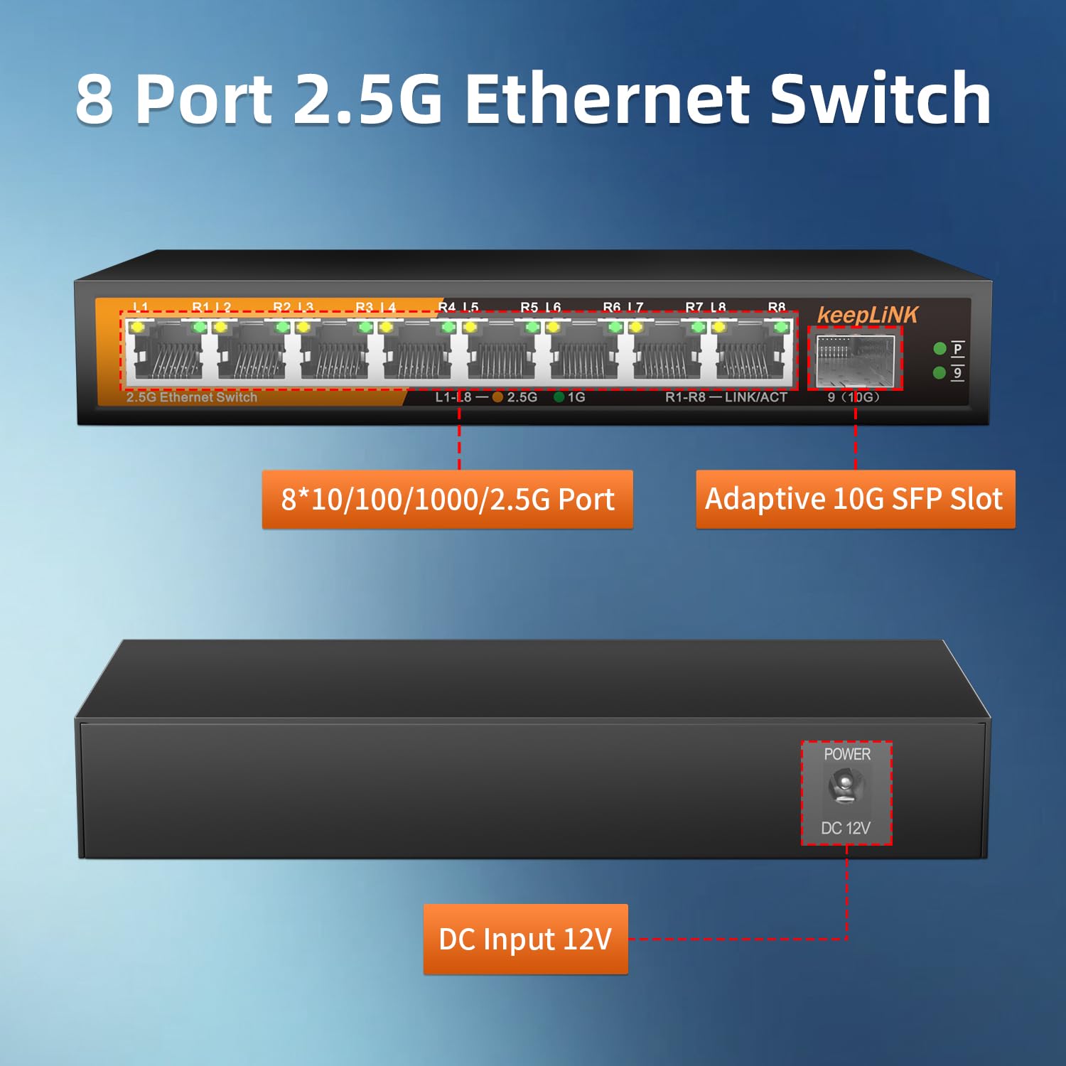 Keeplink 8 Port 2.5G Switch Unmanaged, Ethernet Switch With 8 X 2.5G Base T Ports, 1 X 10G Base T Sfp Slot, 60Gbps Switching Cap