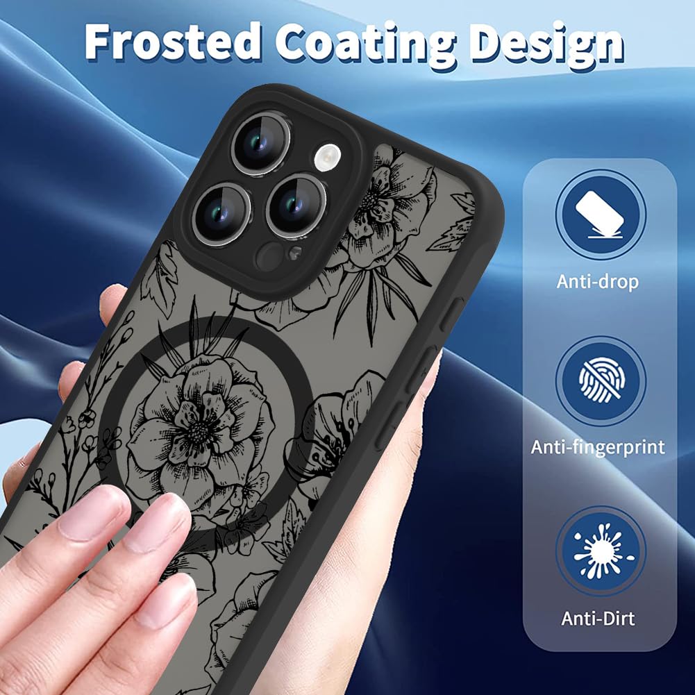 Ook Magnetic For Iphone 15 Pro Case Black Flower Floral Pattern [Compatible With Magsafe] Slim Translucent Matte Camera Lens Pro