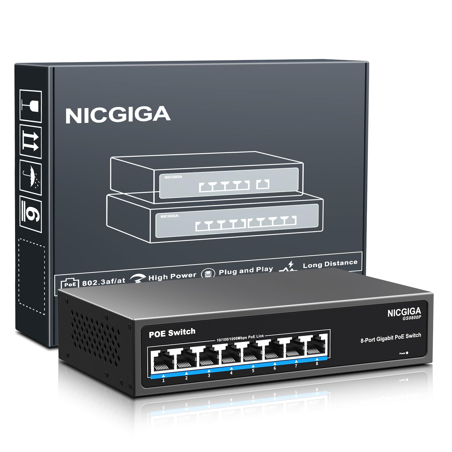 8 Port Gigabit PoE Switch Unmanaged, 8 Ports PoE+@120W, 802.3af/at, NICGIGA 8 Port 1000Mps Network Power Over Ethernet Switch, F