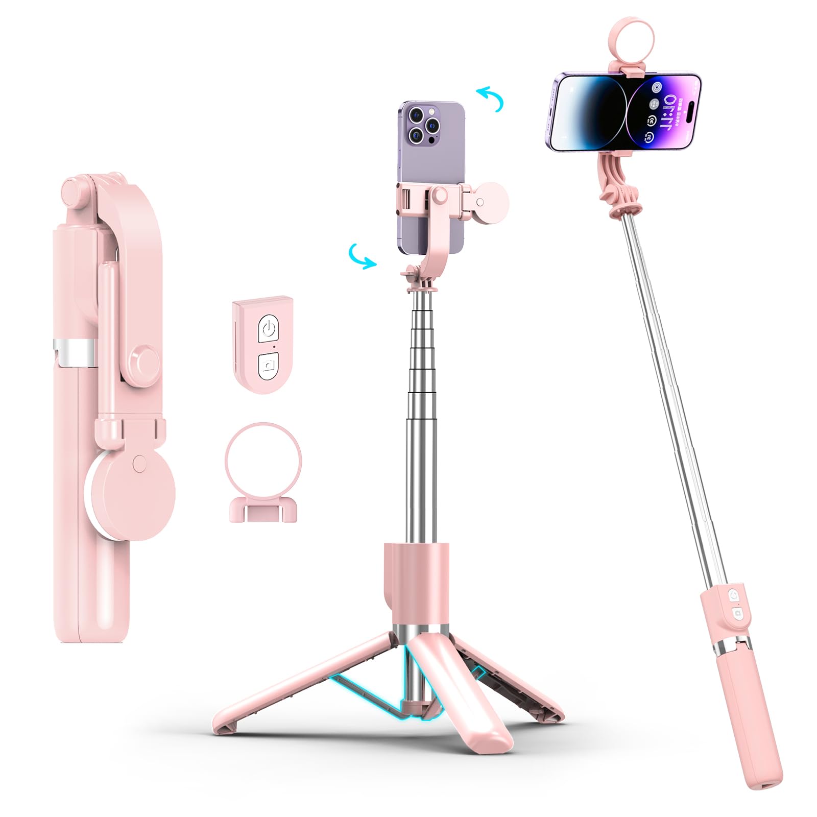 Selfie Stick With Rechargable Remote & Light (1Pc), Tripod For Iphone, Cell Phone Stand For Video Recording, Portable Travel Ess