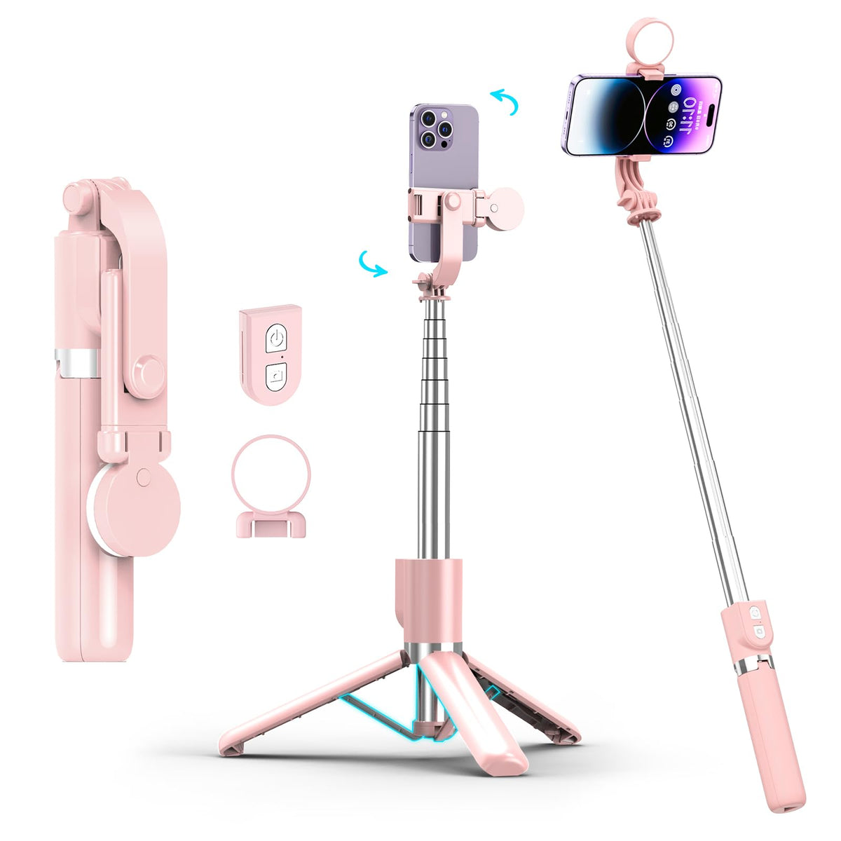 Selfie Stick With Rechargable Remote & Light (1Pc), Tripod For Iphone, Cell Phone Stand For Video Recording, Portable Travel Ess