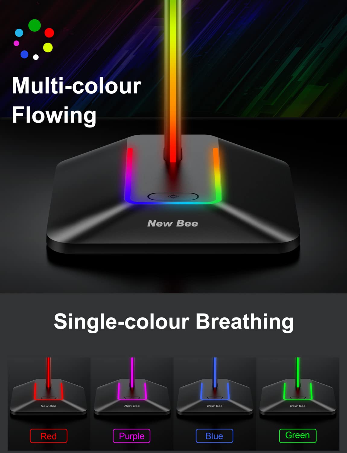 New Bee Rgb Headphone Stand With 1 Usb-C Charging Port And 1 Usb Charging Port, Desk Gaming Headset Stand With 7 Light Modes For