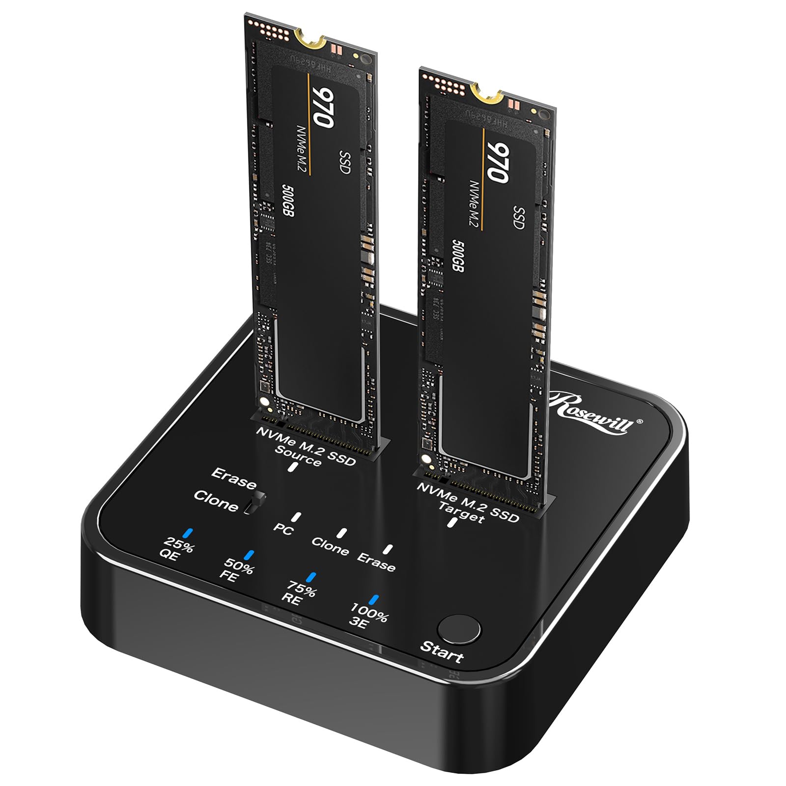 Rosewill M.2 NVMe Cloner + Eraser | M.2 Duplicator Dual Bay NVMe Enclosure | Tool-Free 20Gbps USB3.2 Gen 2x2 SSD to USB Adapter