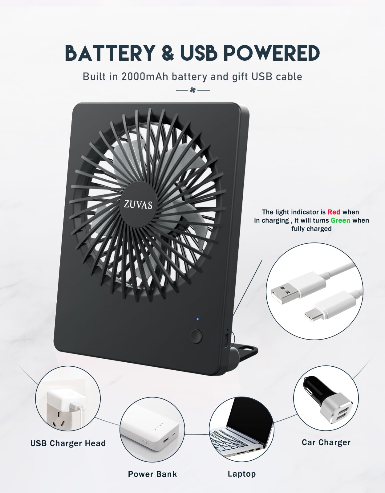 Zuvas Desk Fan Battery Operated, Rechargeable 180Tilt Folding Personal Ultra Quiet Small Portable Fan 3 Speed Adjustable Strong