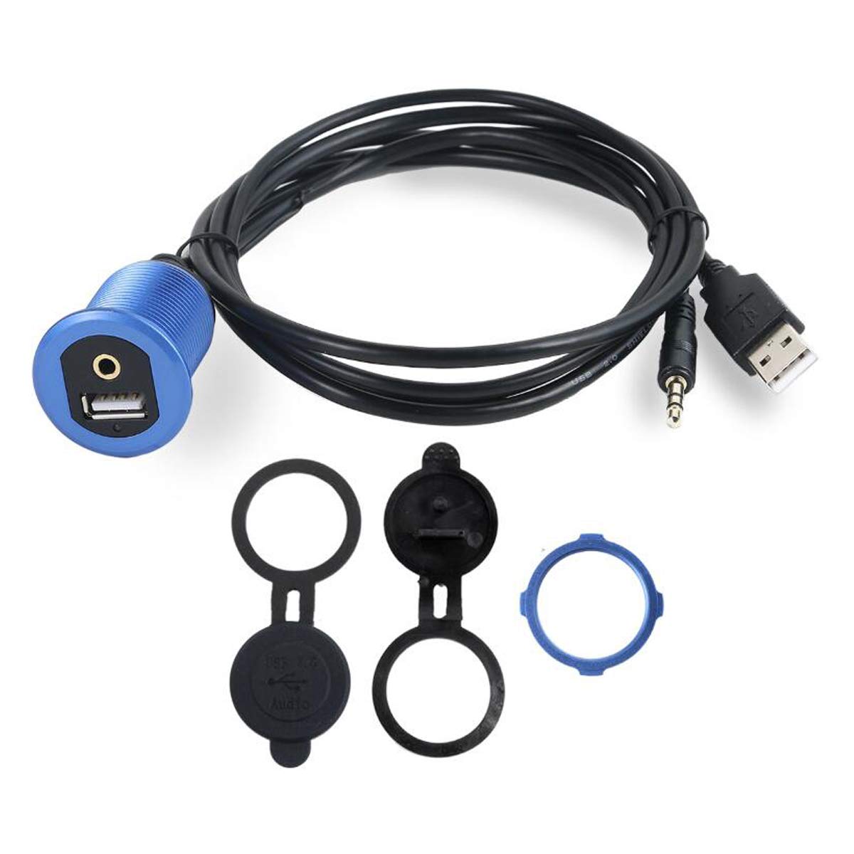 Kework Metal Usb 2.0 Port & 3.5Mm Jack Mount With Light, 3.3Ft Usb & 3.5Mm Male To Usb & 3.5Mm Female Flush Mount Panel Mount Extension Aux Cable For Car Truck Boat Motorcycle Dashboard (Blue & 3.3Ft)