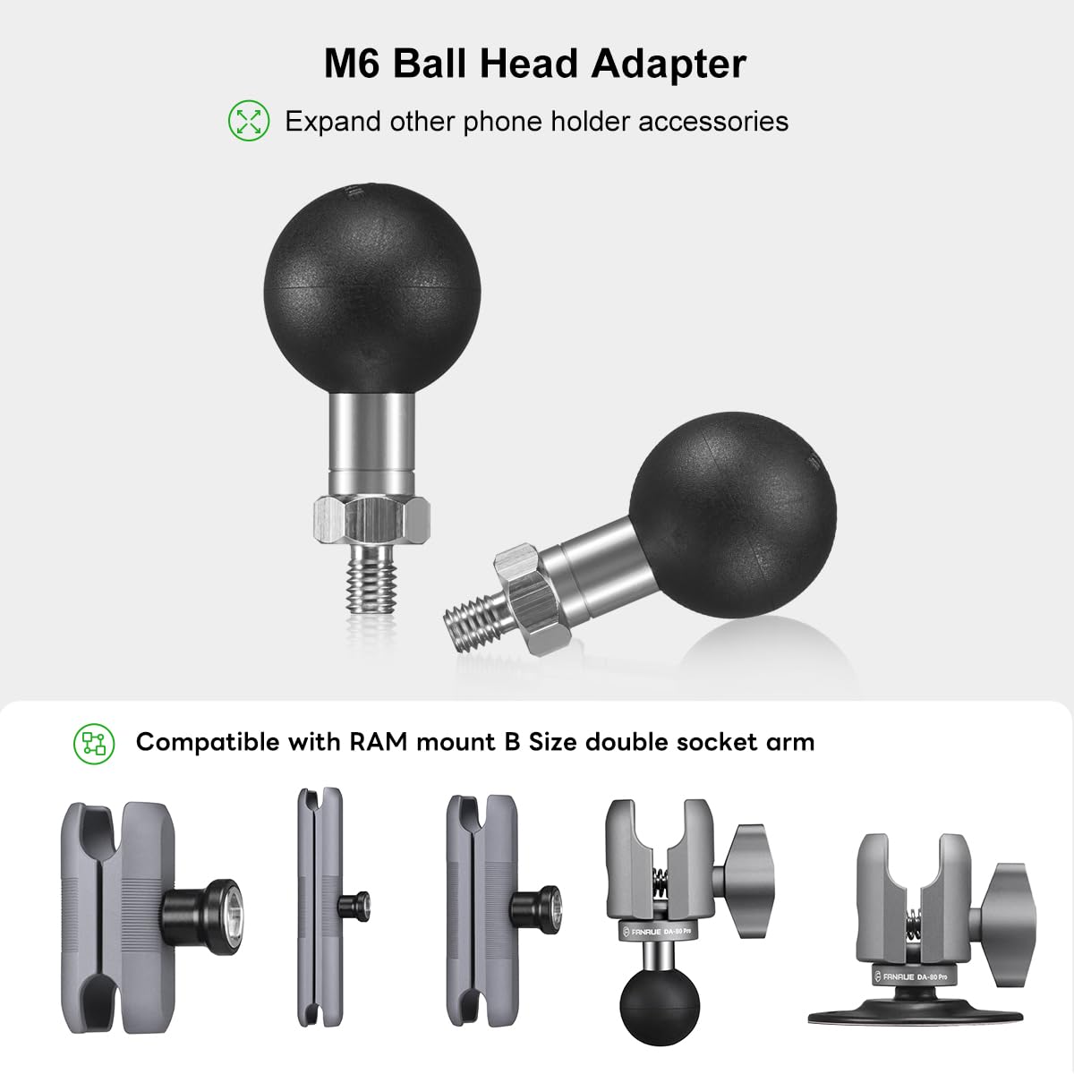 Fanaue M6 02 Aluminum 1'' Ball Head Adapter With M6X1.0 Threaded Post For Ram Mounts B Size Double Socket Arm & Bike Motorcycle