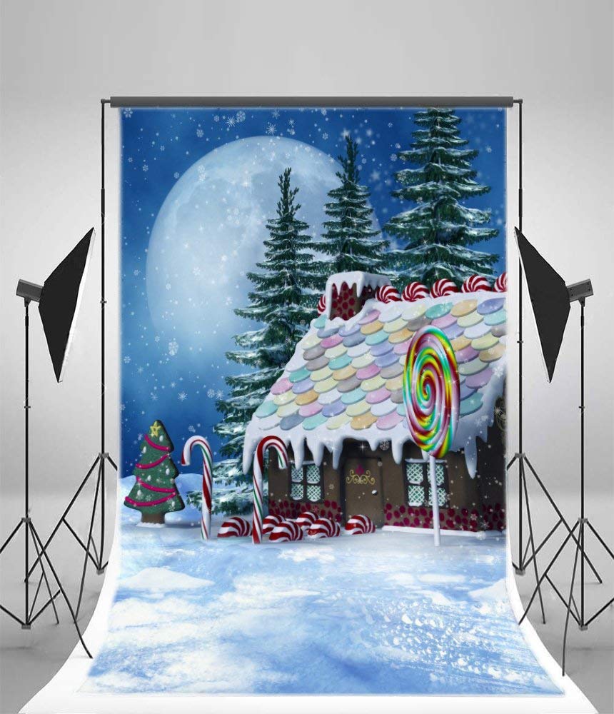 Laeacco 6X8Ft Gingerbread House Christmas Backdrop Colorful Candy House Snow Landscape Christmas Photo Backdrop Lollipops Full M