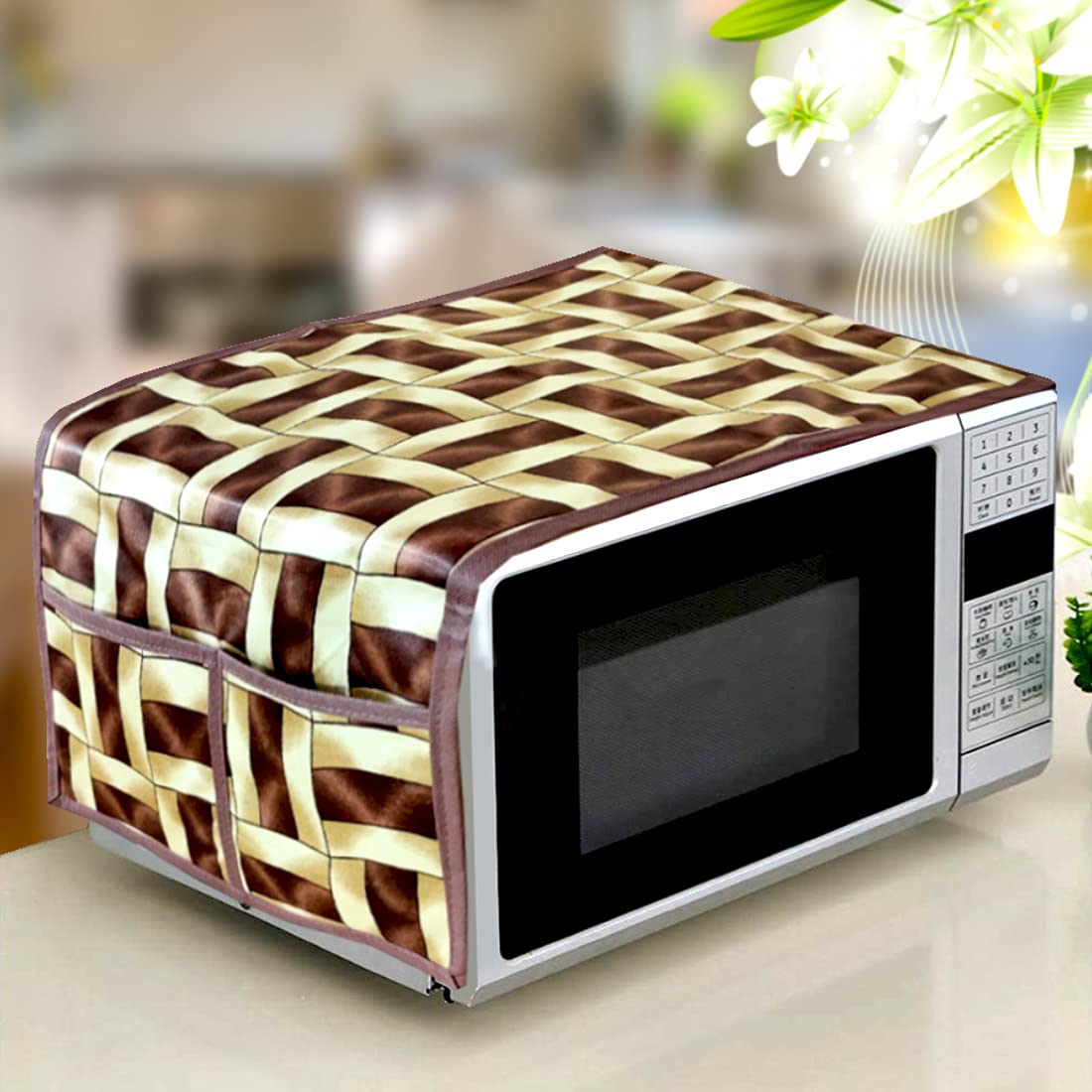 Kanushi Industries Microwave/Oven Top Cover With 4 Utility Pockets (Var2MicroBrownGoldenLine01)