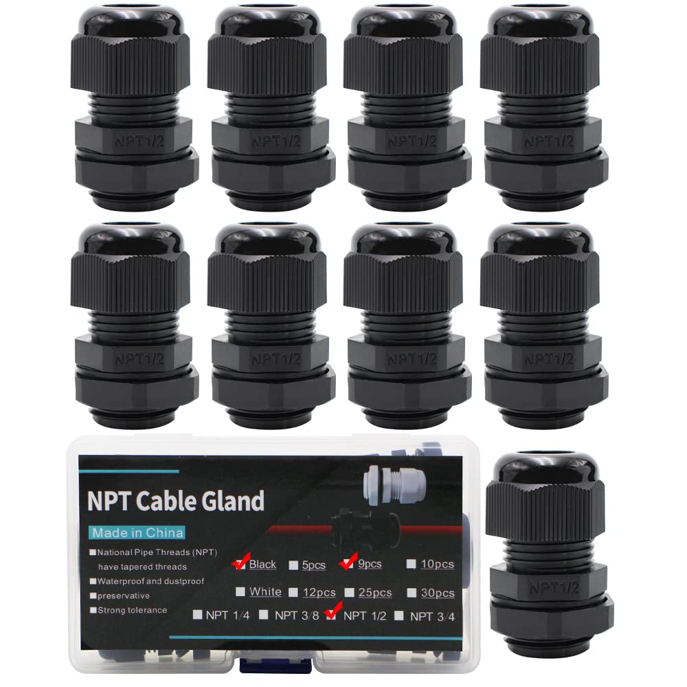 Cable Glands 1/2 Npt Inch Nylon Pa66,Waterproof Ip68 Adjustable Locknut For 6 12Mm Cable Diameter (9Pcs,Black,Plastic Box) Used