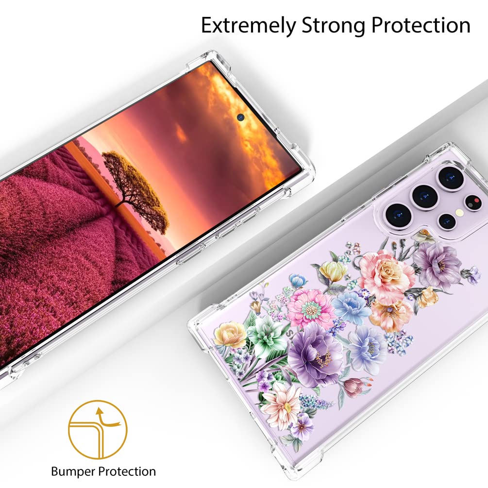 Topgraph Case Flower Floral Cute Clear For Women Girly Girls For Galaxy S23 Ultra, Transparent Phone Case Floral Design Compatib