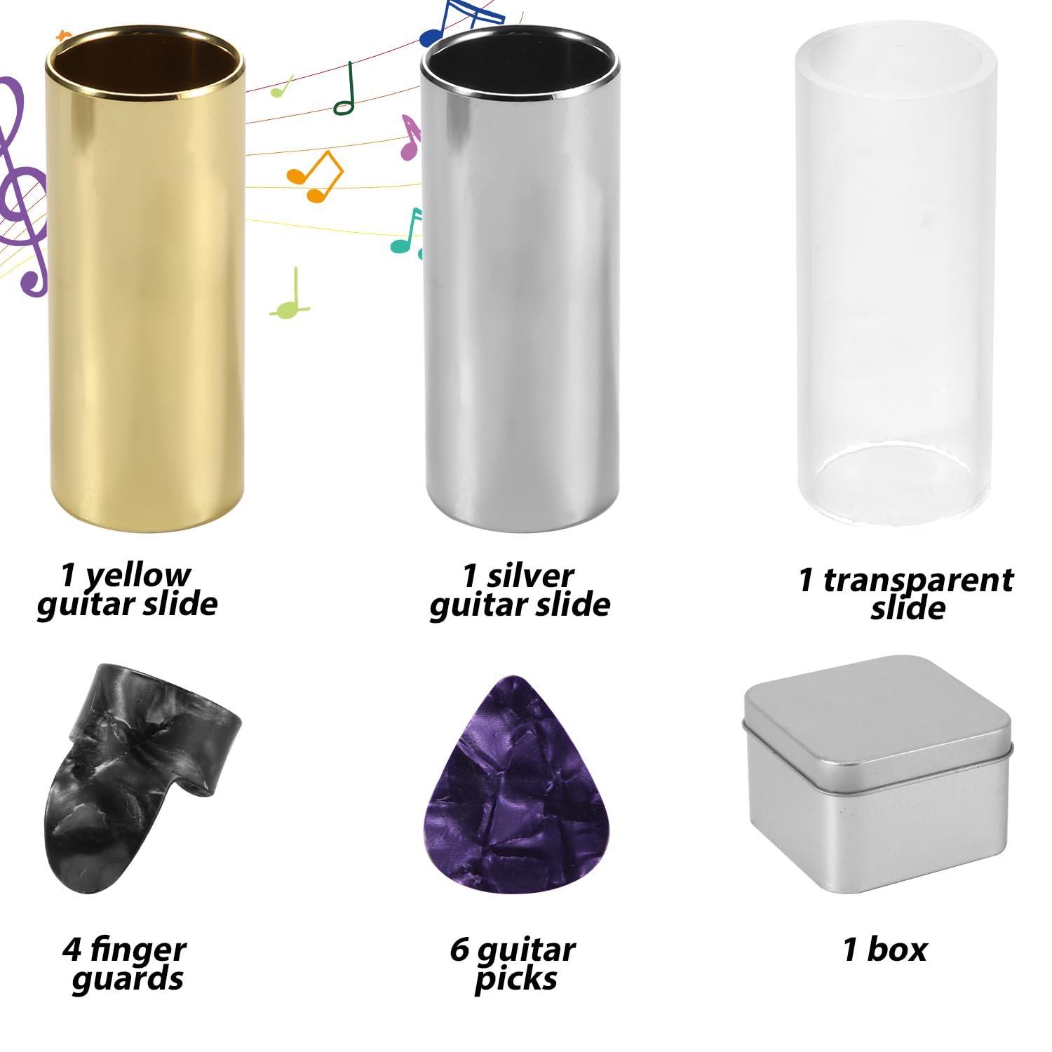 13Pcs Guitar Slide Kit, Including 3 Guitar Slides, 6 Guitar Picks And 4 Finger Cots Guitar Finger Slide For Electric And Acousti
